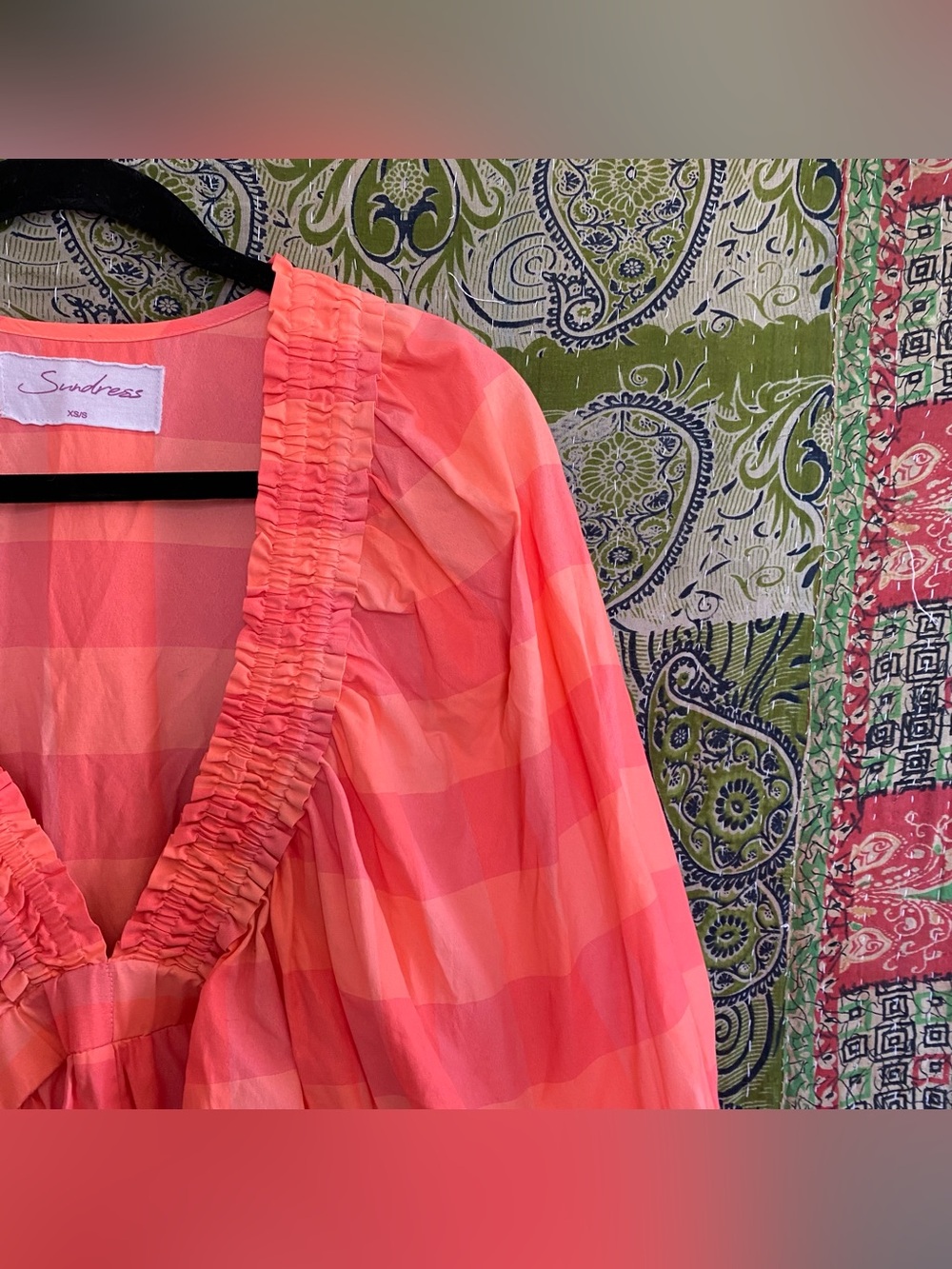 Sundress Neon Coral Alicia Glam Gingham V-Neck Puff Sleeve Romper Size XS/ S - Picture 4 of 16